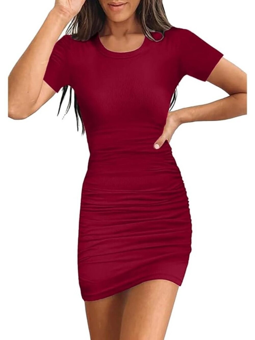 Women's Red Summer Ruched Bodycon Club Party Mini Dresses Short Sleeve Dress
